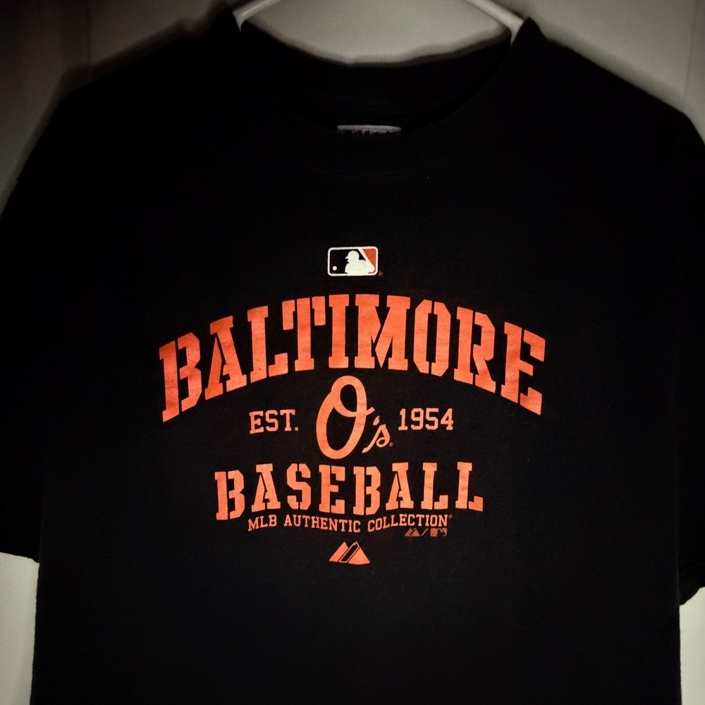 Majestic Baltimore Orioles MLB Baseball T-Shirt Mens Medium Black Orange Graphic